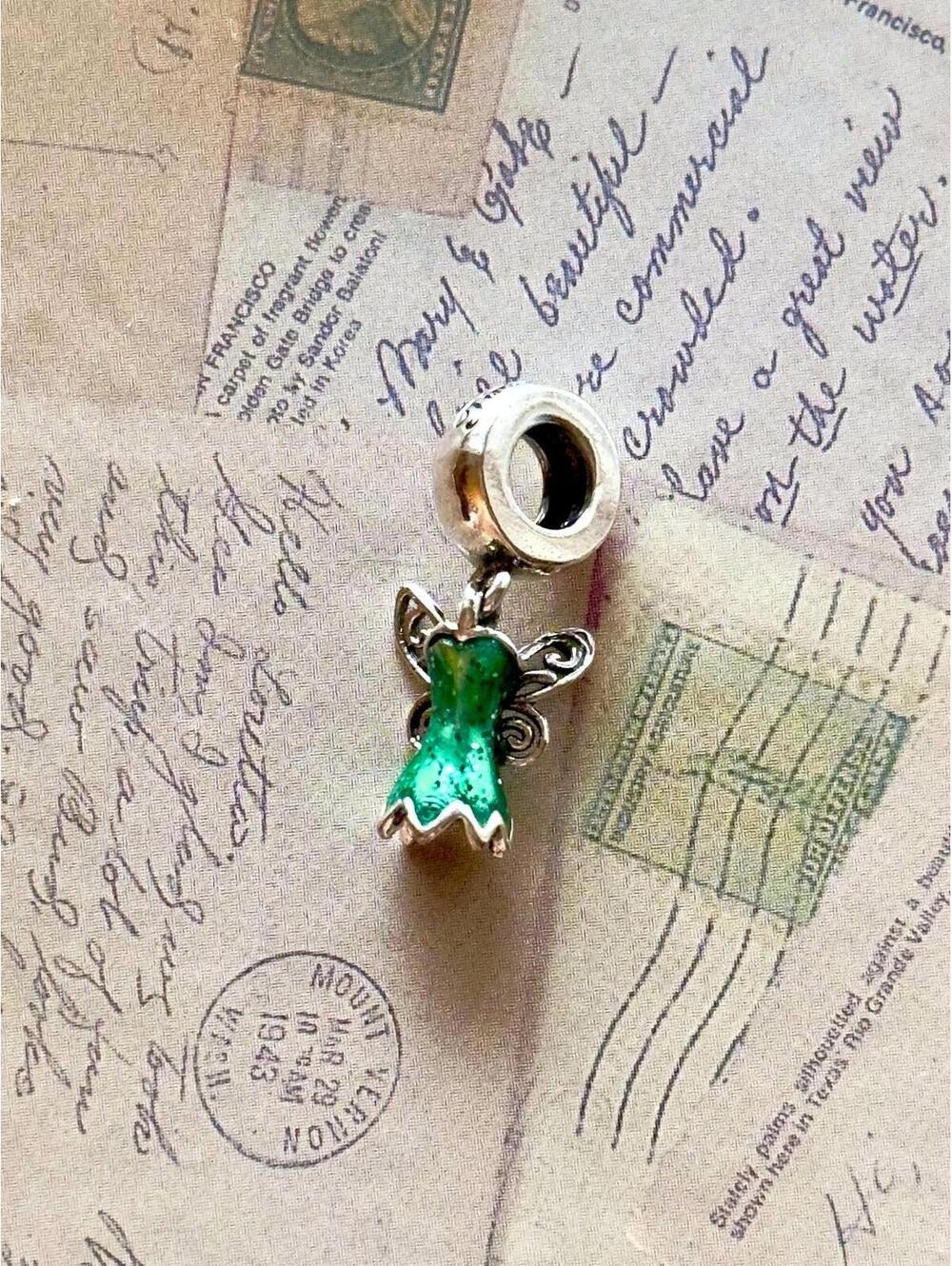 Tinkerbell Signed 925 Sterling Silver Fairy Dress Charm Bead Green Dangle